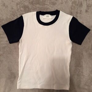 AMI Paris Ribbed Cotton T-Shirt White Navy Contrast Sleeves Size S Like New